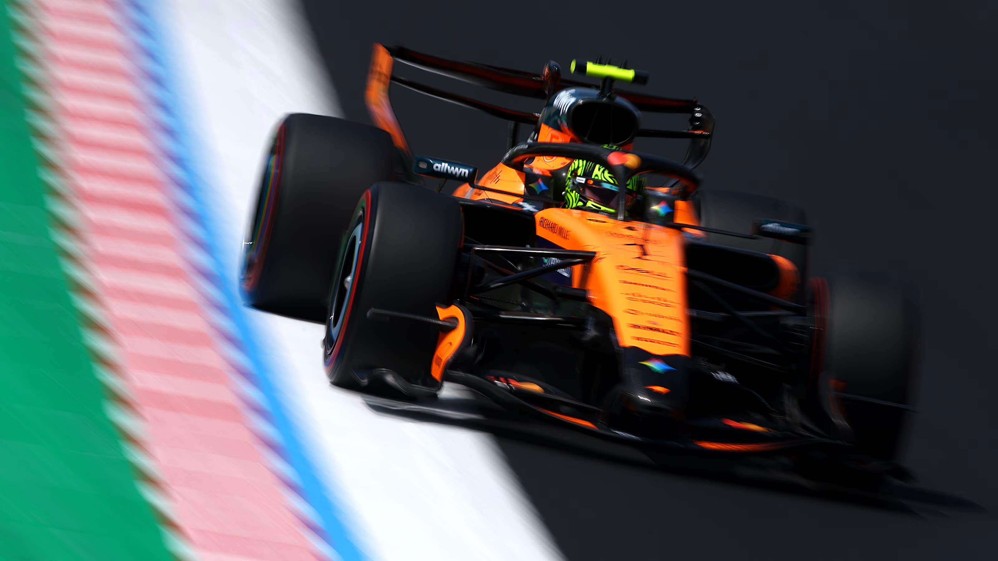 Formula 1 car in motion during a race.
